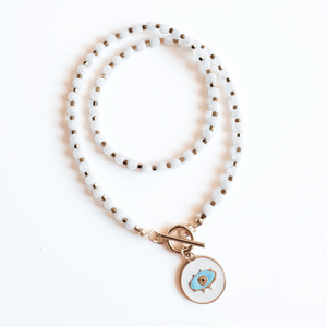 Colier la baza gatului din jad alb si hematit cu pandantiv Evil Eye si inchizatoare toggle, Bijuterii, Coliere, Coliere cu mărgele, Confecționarea bijuteriilor, ARTYNOS