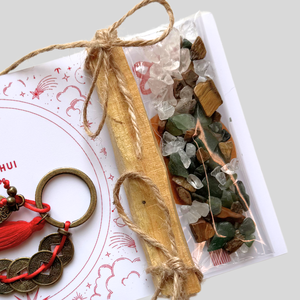 Mini set Feng Shui cu monede chinezesti, hamsa, palo santo si cristale - noroc - casă & stil de viață - set de cadou - Artynos.ro