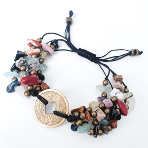Bratara masiva moneda chinezeasca Feng Shui cu mix de cristale naturale - Artynos.ro