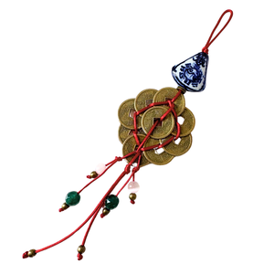 Talisman / amuleta Feng Shui pentru casa cu 9 monede chinezesti, selenit si jad verde - noroc, abundenta si curatare ene - geantă și husă - accesorii genți - breloc - Artynos.ro