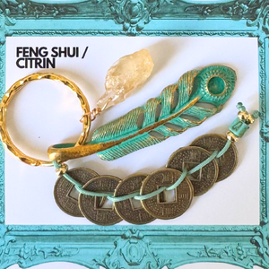 Breloc - amuleta Feng Shui cu 6 monede chinezesti ci cristal brut de citrin - noroc si prosperitate - geantă și husă - accesorii genți - breloc - Artynos.ro