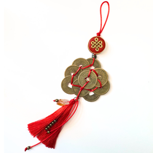 Talisman / amuleta Feng Shui cu 9 monede chinezesti si citrin brut - noroc, abundenta si succes - Artynos.ro