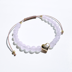 Bratara reglabila din cuart roz cu pandantiv inima auriu si accesorii metalice din otel inoxidabil, Bijuterii, Bratari, Bratara cu margele, Confectionarea bijuteriilor, ARTYNOS