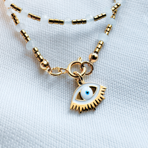 Colier la baza gatului din hematit si jad alb cu pandantiv evil eye - bijuterii - coliere - coliere din mărgele - Artynos.ro