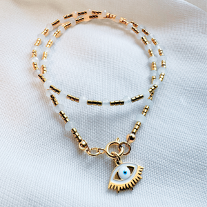 Colier la baza gatului din hematit si jad alb cu pandantiv evil eye - Artynos.ro