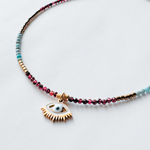 Colier Evil Eye cu granat, turcoaz si hematit - Protectie - Artynos.ro