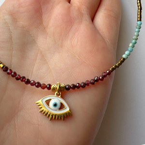 Colier Evil Eye cu granat, turcoaz si hematit - Protectie - bijuterii - coliere - coliere din mărgele - Artynos.ro