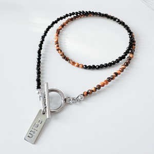 Colier argintiu la baza gatului cu turmalina neagra si ochi de tigru -  Protectie, forta, impamantare - bijuterii - coliere - coliere din pietre semiprețioase - Artynos.ro