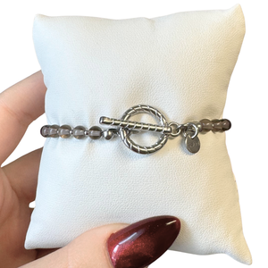 Bratara argintie din cuart fumuriu si otel inoxidabil cu inchizatoare toggle - bijuterii - brățări - brățări din pietre semiprețioase - Artynos.ro