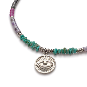 Colier colorat cu cristale si pandantiv Evil Eye - ametist, turmalina, labradorit, turcoaz - bijuterii - coliere - coliere din pietre semiprețioase - Artynos.ro