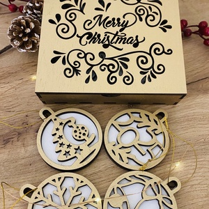 Set cutie cu 12 globuri, Craciun, Decoratiuni de Craciun de casa, Globuri de Craciun, Prelucrarea lemnului, ARTYNOS