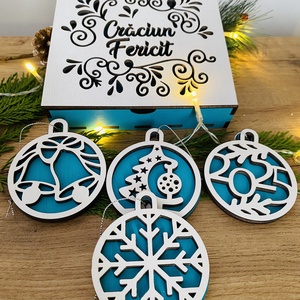 Set cutie cu 12 globuri, Craciun, Decoratiuni de Craciun de casa, Globuri de Craciun, Prelucrarea lemnului, ARTYNOS