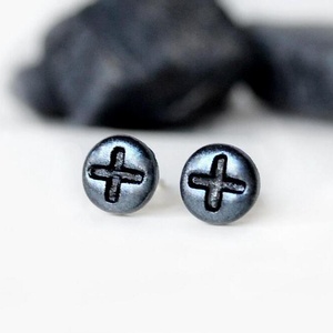Cercei barbati negru cu argintiu din fimo, cercei surub cercei cu tija cercei clipsuri cercei minimali, cadou unisex, Bijuterii, Cercei, Clipsuri, Confecționarea bijuteriilor, ARTYNOS