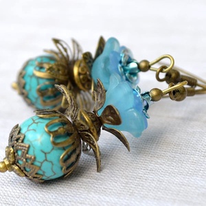 Cercei turcoaz si margele cu filigran cercei atarnatori cu pietre semipretioase cercei handmade cercei vintage albastri, Bijuterii, Cercei, Cercei drop, Confecționarea bijuteriilor, ARTYNOS