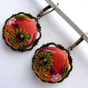 Cercei broderie cu flori cercei cu flori boemi cercei caramizii rotunzi cercei agatatori primavara cadou fiica iubita, Bijuterii, Cercei, Cercei rotunzi, Confecționarea bijuteriilor, Aranjament de flori, ARTYNOS