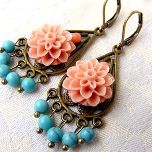 Cercei candelabru turcoaz cercei atarnatori cercei vintage cercei cu floare boemi bijuterii handmade hippie coral somon - bijuterii - cercei - cercei drop - Artynos.ro