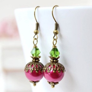 Cercei roz cercei perle roz si verde cercei vintage casual cercei artizanali handmade cadou martisor colega mama martie - bijuterii - cercei - cercei drop - Artynos.ro