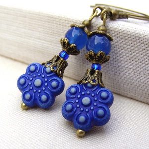 Cercei artizanali Cercei albastri aspect vintage cercei atarnatori cercei floare albastra cadou martisor martie femeie - Artynos.ro