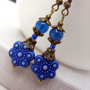 Cercei artizanali Cercei albastri aspect vintage cercei atarnatori cercei floare albastra cadou martisor martie femeie - bijuterii - cercei - cercei drop - Artynos.ro