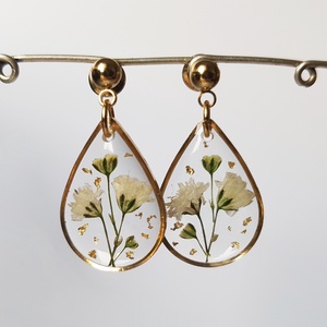 Cercei pentru mireasa cercei cu flori albe naturale cercei mireasa botanici cercei lacrima cercei rasina cercei nunta - accesorii nuntă - bijuterii mireasă - cercei mireasă - Artynos.ro
