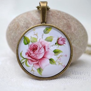 Pandantiv cu cabochon colier cu trandafir medalion cu floare roz pandantiv botanic trandafir bijuterie cadou profesoara, Bijuterii, Coliere, Pandativ, , ARTYNOS