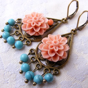 Cercei candelabru turcoaz cercei atarnatori cercei vintage cercei cu floare boemi bijuterii handmade hippie coral somon - bijuterii - cercei - cercei drop - Artynos.ro