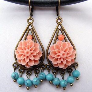 Cercei candelabru turcoaz cercei atarnatori cercei vintage cercei cu floare boemi bijuterii handmade hippie coral somon, Bijuterii, Cercei, Cercei drop, Confecționarea bijuteriilor, ARTYNOS