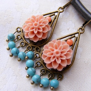 Cercei candelabru turcoaz cercei atarnatori cercei vintage cercei cu floare boemi bijuterii handmade hippie coral somon - bijuterii - cercei - cercei drop - Artynos.ro
