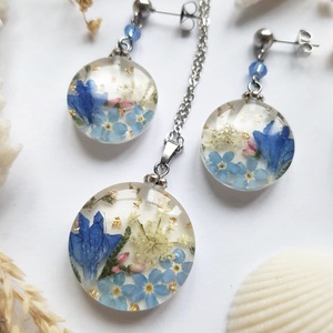 Set de bijuterii din rasina cu flori naturale, Set bijuterii mireasa traditionala, set pandantiv si cercei cadou craciun, Accesorii nunta, Bijuterii mireasa, Set bijuterii de mireasa, , ARTYNOS
