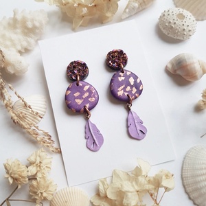 Cercei moderni cercei moderni violet si cupru, cercei cu frunze cercei atarnatori cu tija, bijuterie contemporana cadou - bijuterii - cercei - cercei lungi - Artynos.ro