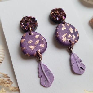 Cercei moderni cercei moderni violet si cupru, cercei cu frunze cercei atarnatori cu tija, bijuterie contemporana cadou - bijuterii - cercei - cercei lungi - Artynos.ro