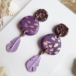 Cercei moderni cercei moderni violet si cupru, cercei cu frunze cercei atarnatori cu tija, bijuterie contemporana cadou - Artynos.ro