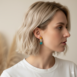 Cercei moderni cercei moderni ocru si turcoaz, cercei geometrici cercei atarnatori cu tija, bijuterie contemporana cadou - bijuterii - cercei - cercei din mărgele - Artynos.ro