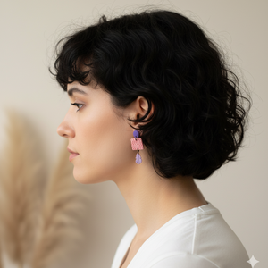 Cercei moderni cercei moderni violet si roz, cercei cu frunze cercei atarnatori cu tija, bijuterie contemporana cadou - bijuterii - cercei - cercei lungi - Artynos.ro