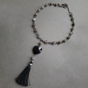 Colier negru Colier lung rozariu colier pietre pretioase colier labradorit onix colier pietre semipretioase gri negre - Artynos.ro