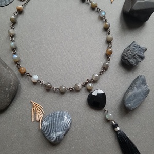 Colier negru Colier lung rozariu colier pietre pretioase colier labradorit onix colier pietre semipretioase gri negre - bijuterii - coliere - coliere din pietre semiprețioase - Artynos.ro