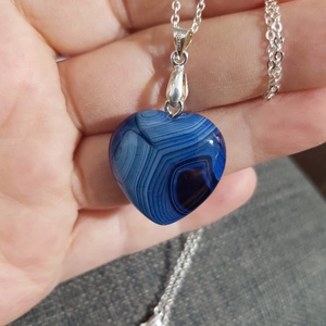 Cadou Craciun Medalion inima albastra pandantiv agata albastra inima colier casual lantisor inima bijuterie minimala - bijuterii - coliere - coliere din pietre semiprețioase - Artynos.ro