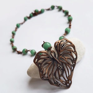 Colier lung artizanal Colier din margele semipretioase verzi Pandantiv frunza cupru colier aventurin verde colier rozar - Artynos.ro