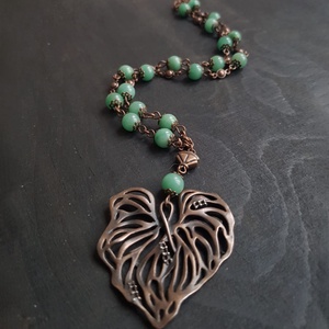 Colier lung artizanal Colier din margele semipretioase verzi Pandantiv frunza cupru colier aventurin verde colier rozar - bijuterii - coliere - coliere din pietre semiprețioase - Artynos.ro