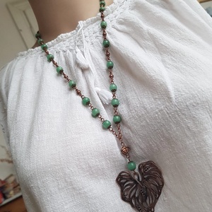 Colier lung artizanal Colier din margele semipretioase verzi Pandantiv frunza cupru colier aventurin verde colier rozar - bijuterii - coliere - coliere din pietre semiprețioase - Artynos.ro