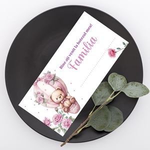  Plic de bani pentru botez model ursulet in balon cu trandafiri roz, model fetite - accesorii nuntă - amintiri și cadouri de nuntă - cadou nuntă - plic de bani, card - Artynos.ro