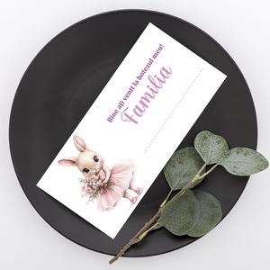 Plic de bani pentru botez model iepuras roz balerina cu buchet de flori roz, pentru fetite - accesorii nuntă - amintiri și cadouri de nuntă - cadou nuntă - plic de bani, card - Artynos.ro