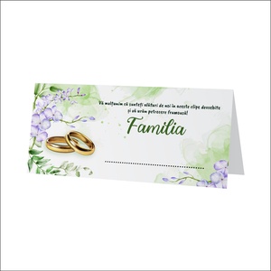 Plic de bani pentru nunta, model elegant cu verighete aurii, flori violet, frunze verzi, mesaj de multumire - Artynos.ro