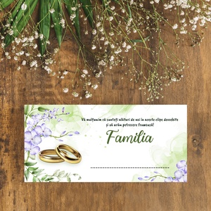 Plic de bani pentru nunta, model elegant cu verighete aurii, flori violet, frunze verzi, mesaj de multumire - accesorii nuntă - amintiri și cadouri de nuntă - cadou nuntă - plic de bani, card - Artynos.ro