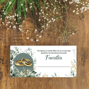 Plic de bani pentru nunta, model elegant cu verighete aurii si decor floral verde, mesaj de multumire - accesorii nuntă - amintiri și cadouri de nuntă - cadou nuntă - plic de bani, card - Artynos.ro