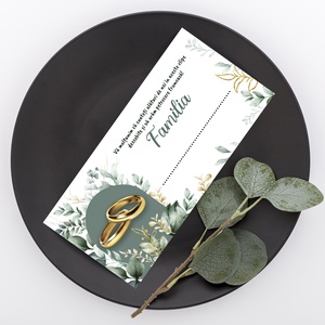 Plic de bani pentru nunta, model elegant cu verighete aurii si decor floral verde, mesaj de multumire - accesorii nuntă - amintiri și cadouri de nuntă - cadou nuntă - plic de bani, card - Artynos.ro