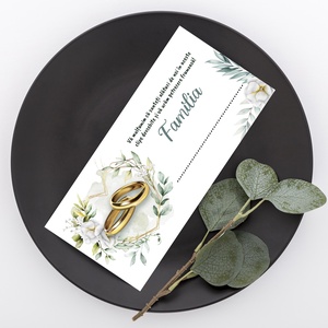 Plic de bani pentru nunta, model elegant cu verighete aurii, inima din flori albe, frunze verzi, mesaj de multumire - accesorii nuntă - amintiri și cadouri de nuntă - cadou nuntă - plic de bani, card - Artynos.ro