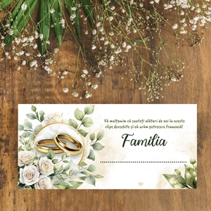 Plic de bani pentru nunta, model elegant cu verighete aurii, trandafiri albi, frunze verzi, mesaj de multumire - accesorii nuntă - amintiri și cadouri de nuntă - cadou nuntă - plic de bani, card - Artynos.ro