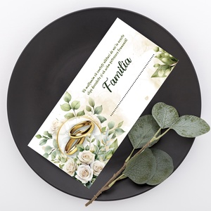 Plic de bani pentru nunta, model elegant cu verighete aurii, trandafiri albi, frunze verzi, mesaj de multumire - accesorii nuntă - amintiri și cadouri de nuntă - cadou nuntă - plic de bani, card - Artynos.ro