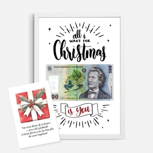 Tablou de Craciun A4 cu Bancnota lei, All I Want for Christmas is You Cadou Amuzant - cu felicitare, Casa & Stil de viata, Accesorii pentru decorat casa, Picturi murale, Panouri si tablouri, panouri decorative, Fotografie, grafica, desen, ilustratie, ARTYNOS